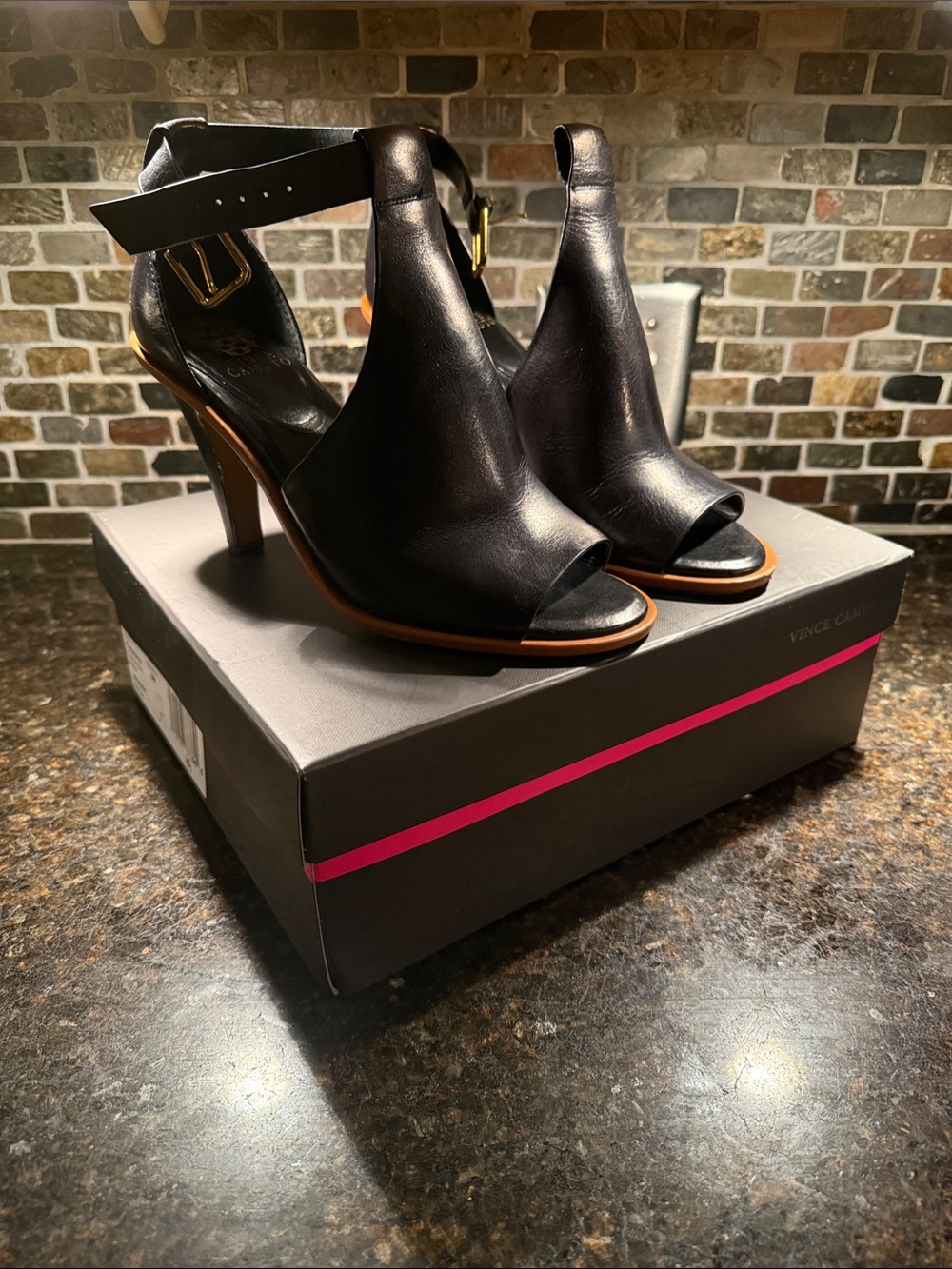 Vince Camuto Black Leather Open-Toe Ankle-Strap